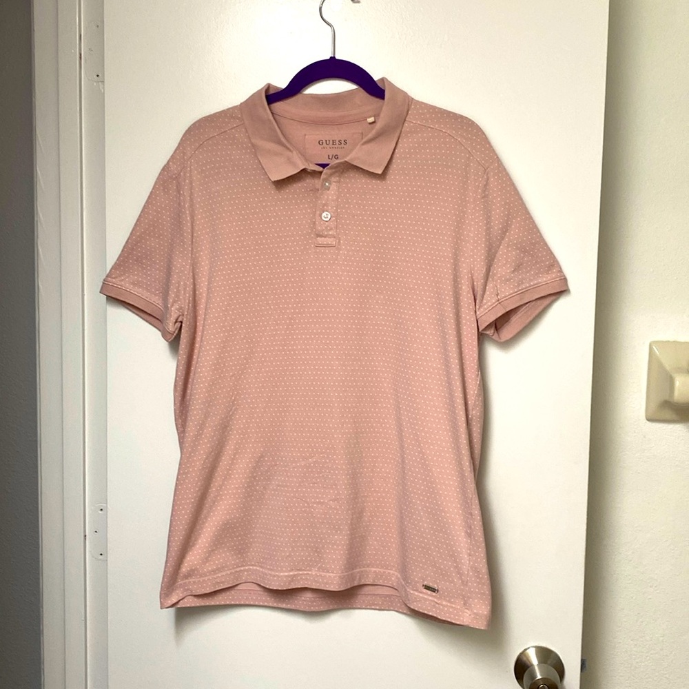 Guess Men’s Salmon Pink Polo with dot accents. Size Large